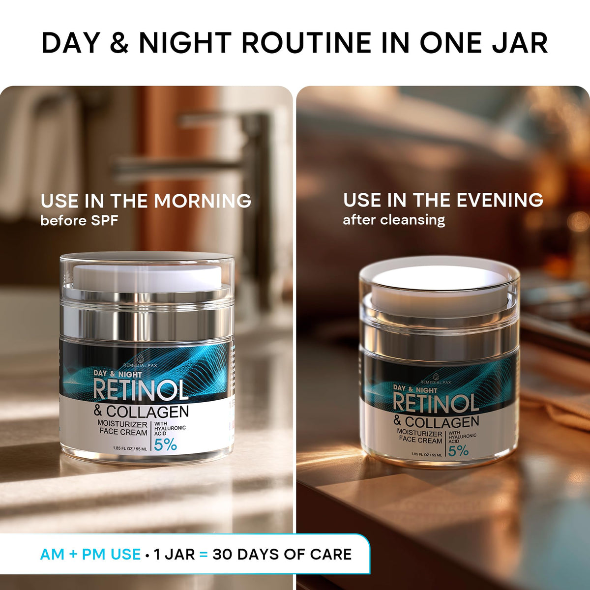 Face Moisturizer Retinol Cream, Anti Aging Neck Firming Cream, Collagen Day & Night Face Cream with Hyaluronic Acid for Women & Men, 1.85 Fl Oz - FENGGESTORE20