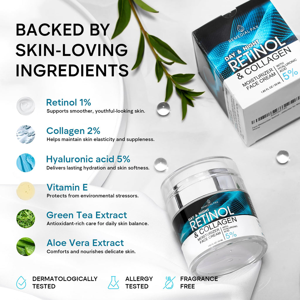 Face Moisturizer Retinol Cream, Anti Aging Neck Firming Cream, Collagen Day & Night Face Cream with Hyaluronic Acid for Women & Men, 1.85 Fl Oz - FENGGESTORE20