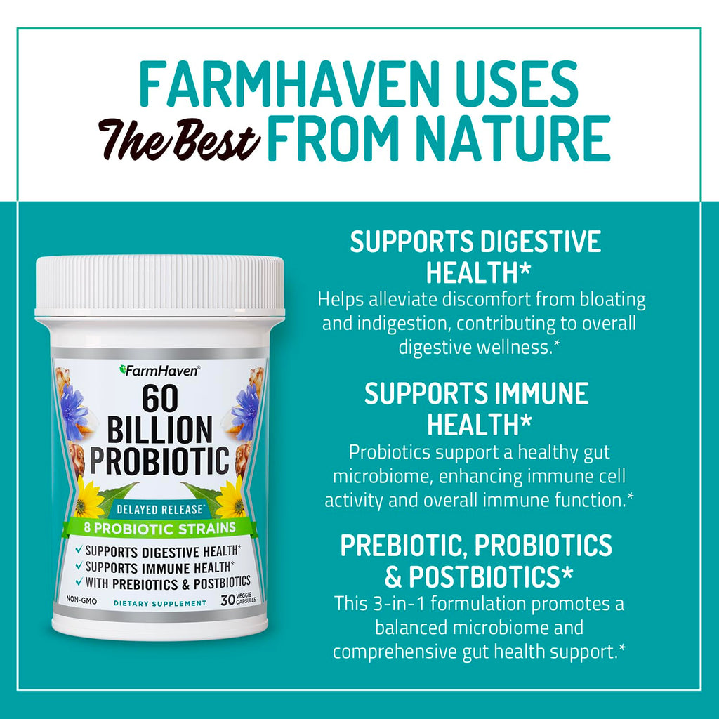 FarmHaven 60 Billion CFU Probiotic - 8 Probiotic Strains - Prebiotics & Postbiotics - Supports Digestive & Immune Health - Delayed Release - Shelf Stable - Non-GMO, Gluten Free - 30 Caps - FENGGESTORE20