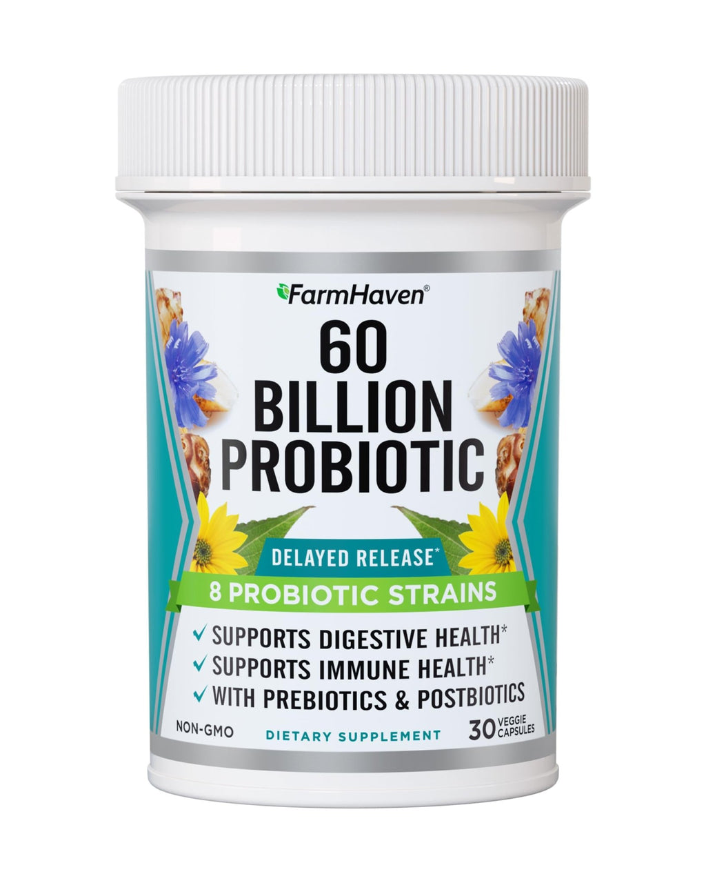 FarmHaven 60 Billion CFU Probiotic - 8 Probiotic Strains - Prebiotics & Postbiotics - Supports Digestive & Immune Health - Delayed Release - Shelf Stable - Non-GMO, Gluten Free - 30 Caps - FENGGESTORE20