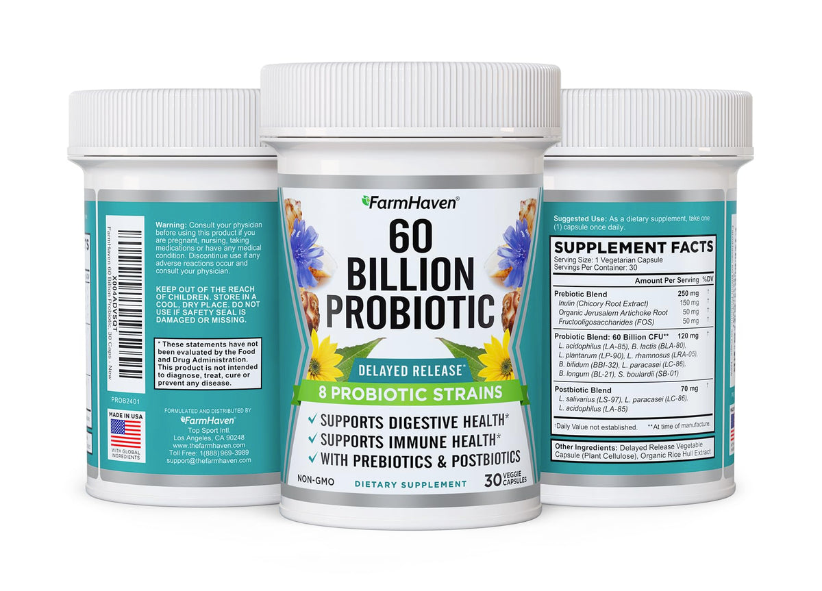 FarmHaven 60 Billion CFU Probiotic - 8 Probiotic Strains - Prebiotics & Postbiotics - Supports Digestive & Immune Health - Delayed Release - Shelf Stable - Non-GMO, Gluten Free - 30 Caps - FENGGESTORE20