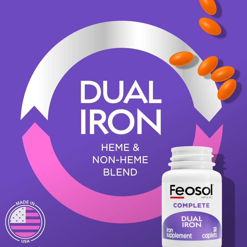 Feosol Complete Iron Supplement Caplets, Bifera Iron for High Absorption, Heme and Non-Heme Dual Action Minimizes Side Effects, 1 Per Day - FENGGESTORE20