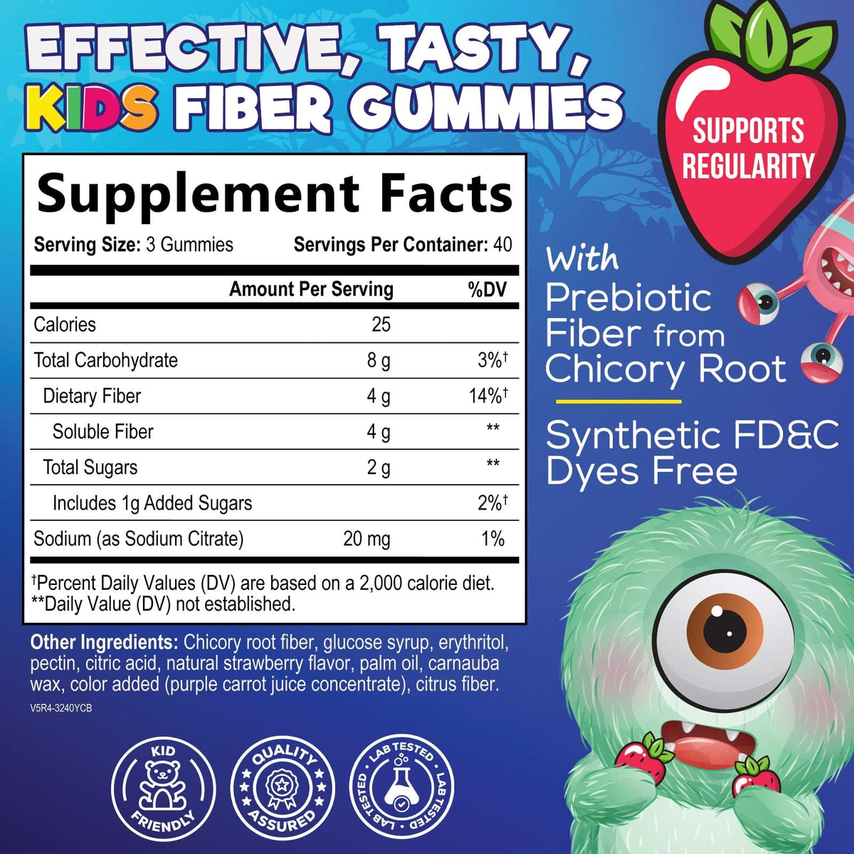 Fiber Gummies for Kids 4g Per Serving - Daily Fiber Gummy Supplement for Kids - Soluble Inulin Prebiotic Gummy for Digestive Health Support - Plant-Based Regularity - FENGGESTORE20