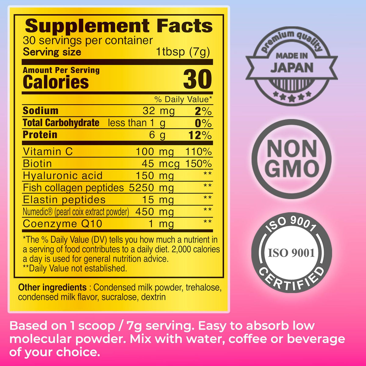 FINE JAPAN Premium Marine Collagen Powder with Hyaluronic Acid, CoQ10 & Elastin - Non-GMO - 30 Servings (210g / 7.4oz) Made in Japan - FENGGESTORE20