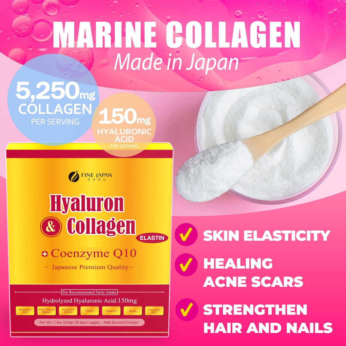 FINE JAPAN Premium Marine Collagen Powder with Hyaluronic Acid, CoQ10 & Elastin - Non-GMO - 30 Servings (210g / 7.4oz) Made in Japan - FENGGESTORE20