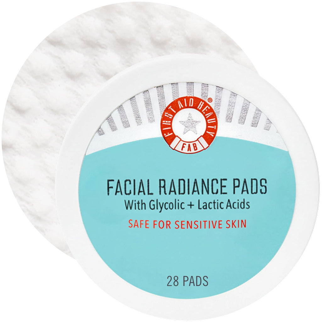 First Aid Beauty - Facial Radiance Pads with Glycolic & Lactic Acids, Daily Exfoliating Pads with AHA, Visibly Smaller Pores, Help Tone & Brighten Skin, One-Step Makeup Prep, Compostable, 28 - FENGGESTORE20