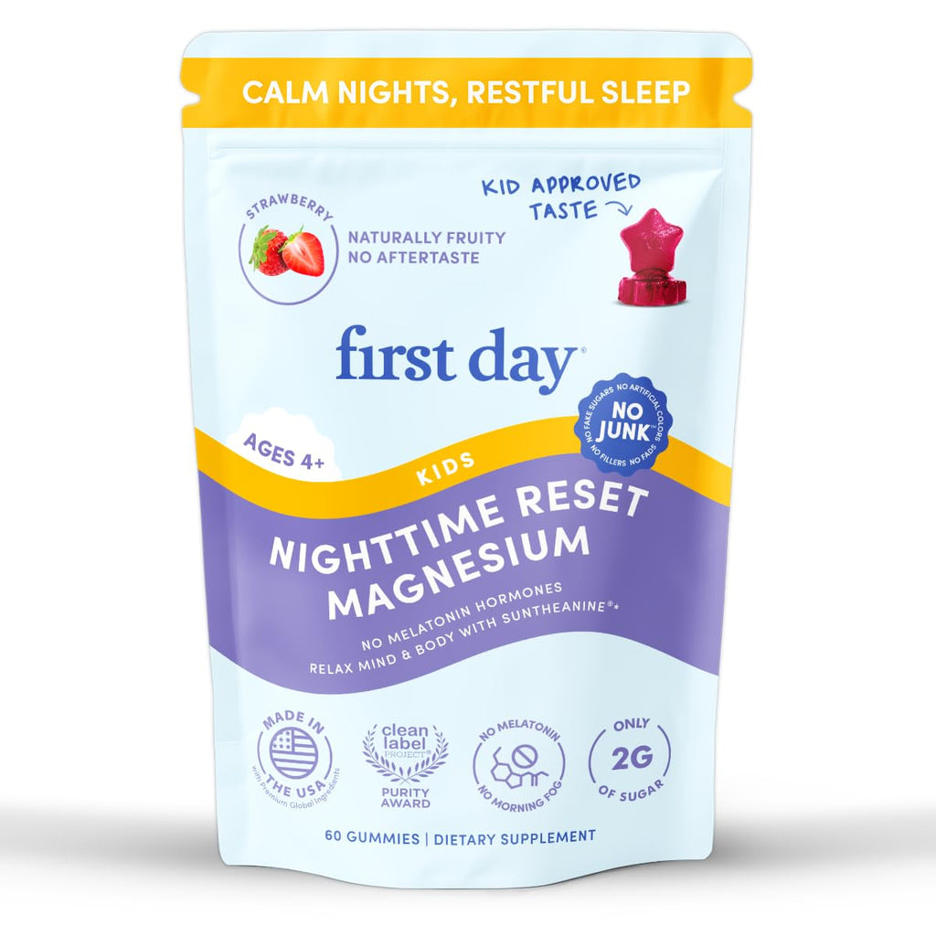 FIRST DAY Kids Magnesium Citrate Gummies (Ages 4+) with No Melatonin | Calm Kids Magnesium Gummies | Bedtime Supplement for Better Sleep with Suntheanine - FENGGESTORE20