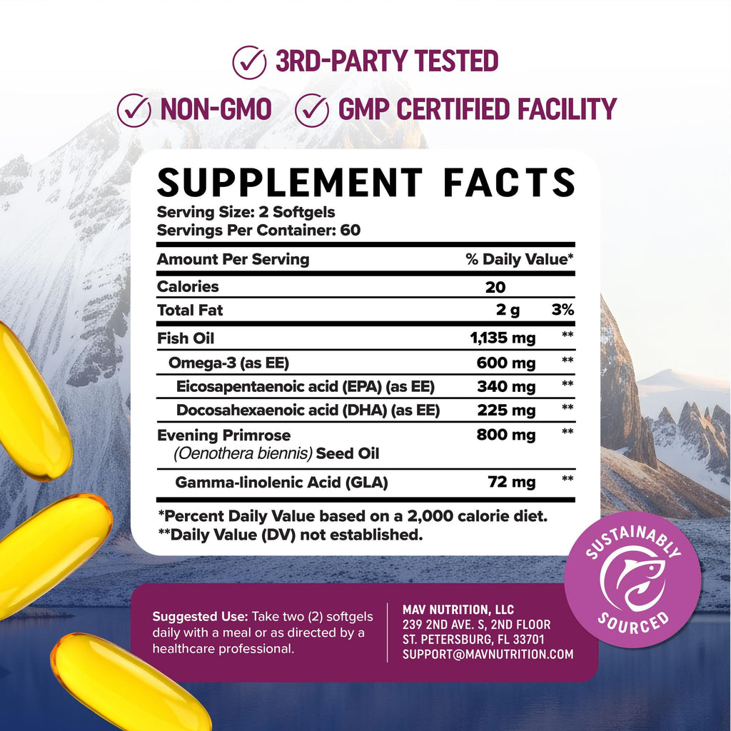 Fish Oil Omega 3 Supplements for Women | DHA + EPA | Heart Health, Hormone Balance, Skin & Wellness Support | 600MG Omega3 + 800MG Evening Primrose Oil - FENGGESTORE20