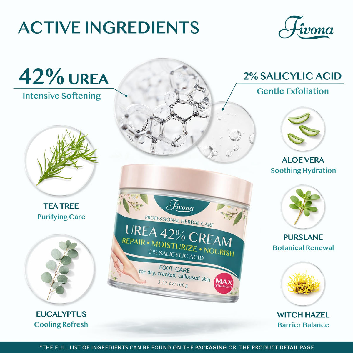 FIVONA 42% Urea Foot Cream for Thick, Rough Dry Skin - Maximum Strength Callus Softening with 2% Salicylic Acid, Tea Tree & Aloe Vera, 100g (3.5 oz) - Deep Moisturizing Foot Care - FENGGESTORE20
