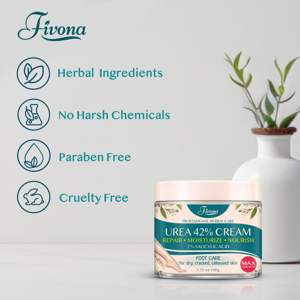 FIVONA 42% Urea Foot Cream for Thick, Rough Dry Skin - Maximum Strength Callus Softening with 2% Salicylic Acid, Tea Tree & Aloe Vera, 100g (3.5 oz) - Deep Moisturizing Foot Care - FENGGESTORE20