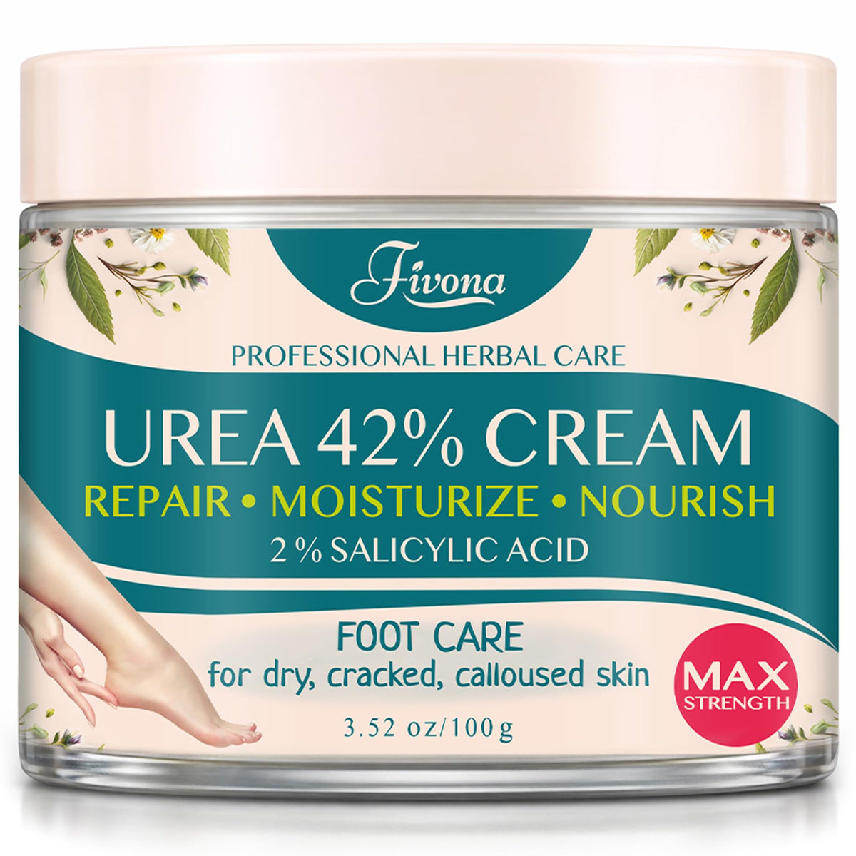 FIVONA 42% Urea Foot Cream for Thick, Rough Dry Skin - Maximum Strength Callus Softening with 2% Salicylic Acid, Tea Tree & Aloe Vera, 100g (3.5 oz) - Deep Moisturizing Foot Care - FENGGESTORE20