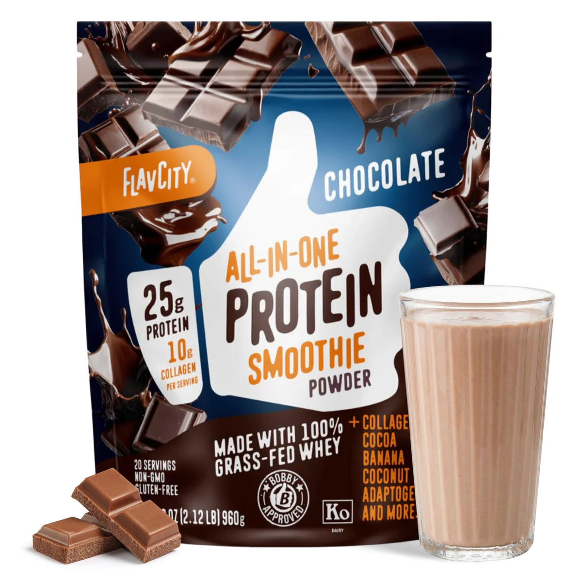 FlavCity Chocolate All in One Protein Shake Powder - On the Go Meal Alternative + Collagen Peptides, Reishi & Cordyceps - Focus, Skin, Hair & Joint Support - FENGGESTORE20