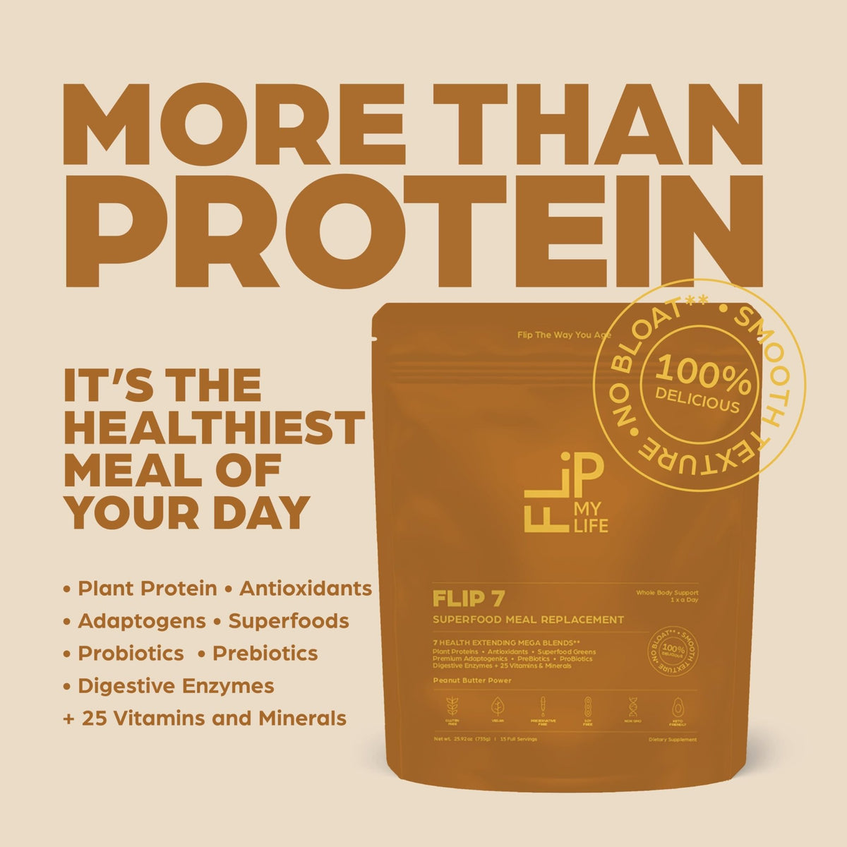 Flip My Life, Flip 7 Natural SuperFood, Plant-Based Protein, Complete Meal Replacement to Support Healthy Gut, 7 Mega Nutrient Rich Blends all in one to AGE BETTER - Peanut Butter - FENGGESTORE20