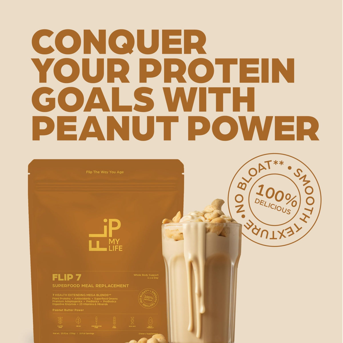 Flip My Life, Flip 7 Natural SuperFood, Plant-Based Protein, Complete Meal Replacement to Support Healthy Gut, 7 Mega Nutrient Rich Blends all in one to AGE BETTER - Peanut Butter - FENGGESTORE20