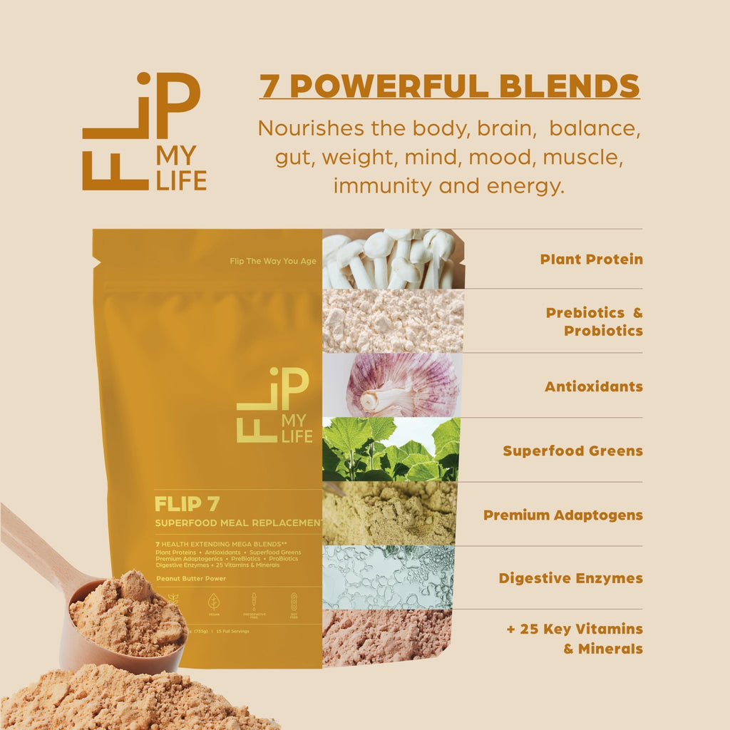 Flip My Life, Flip 7 Natural SuperFood, Plant-Based Protein, Complete Meal Replacement to Support Healthy Gut, 7 Mega Nutrient Rich Blends all in one to AGE BETTER - Peanut Butter - FENGGESTORE20