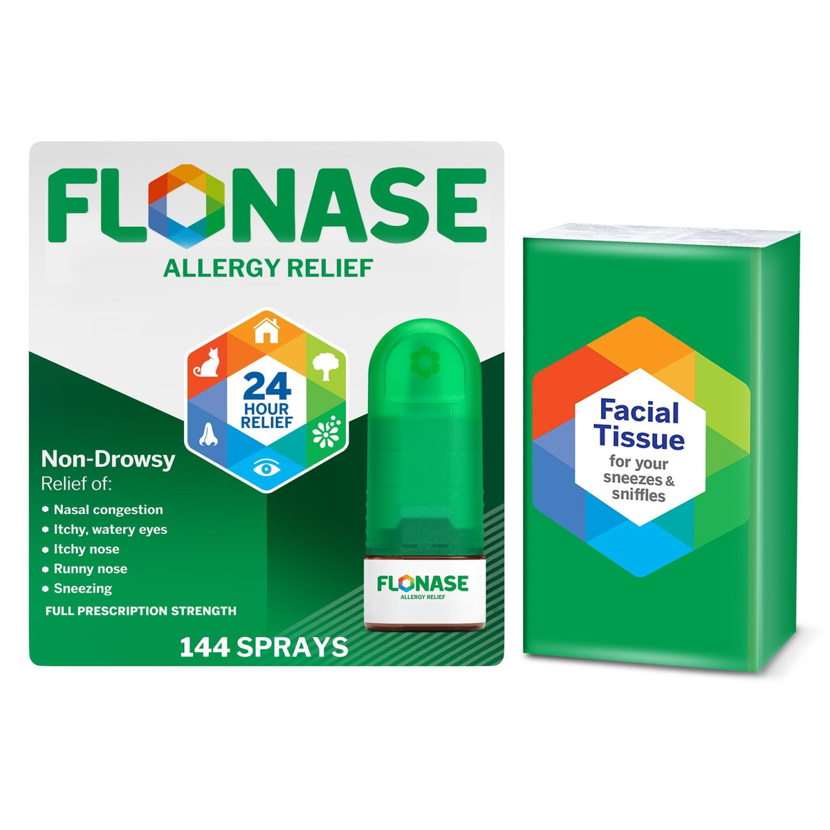 Flonase Allergy Relief Nasal Spray, 24-Hour Non-Drowsy Multi-Symptom Relief 144 Sprays, Bonus Pack of Tissues - FENGGESTORE20