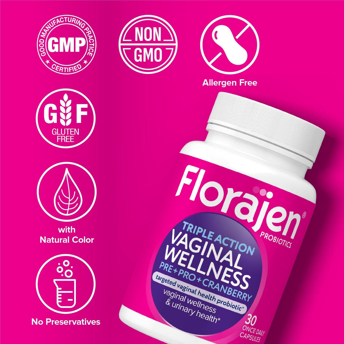 Florajen Women’s Triple-Action Probiotic, Prebiotic + Probiotic + Cranberry for Vaginal, Digestive, & Immune Support - Fast-Acting - FENGGESTORE20