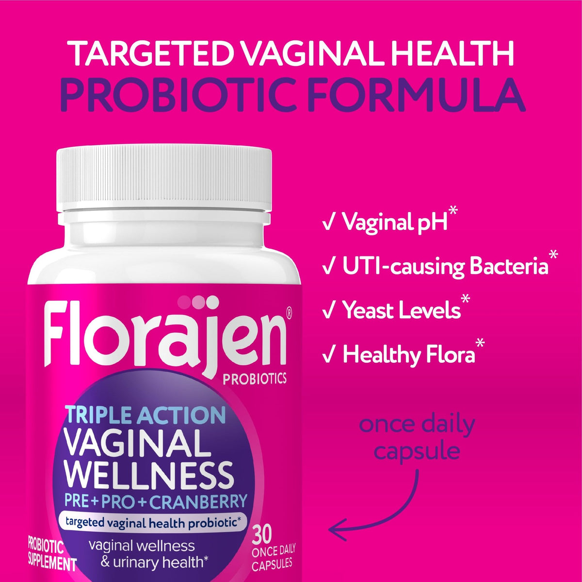 Florajen Women’s Triple-Action Probiotic, Prebiotic + Probiotic + Cranberry for Vaginal, Digestive, & Immune Support - Fast-Acting - FENGGESTORE20