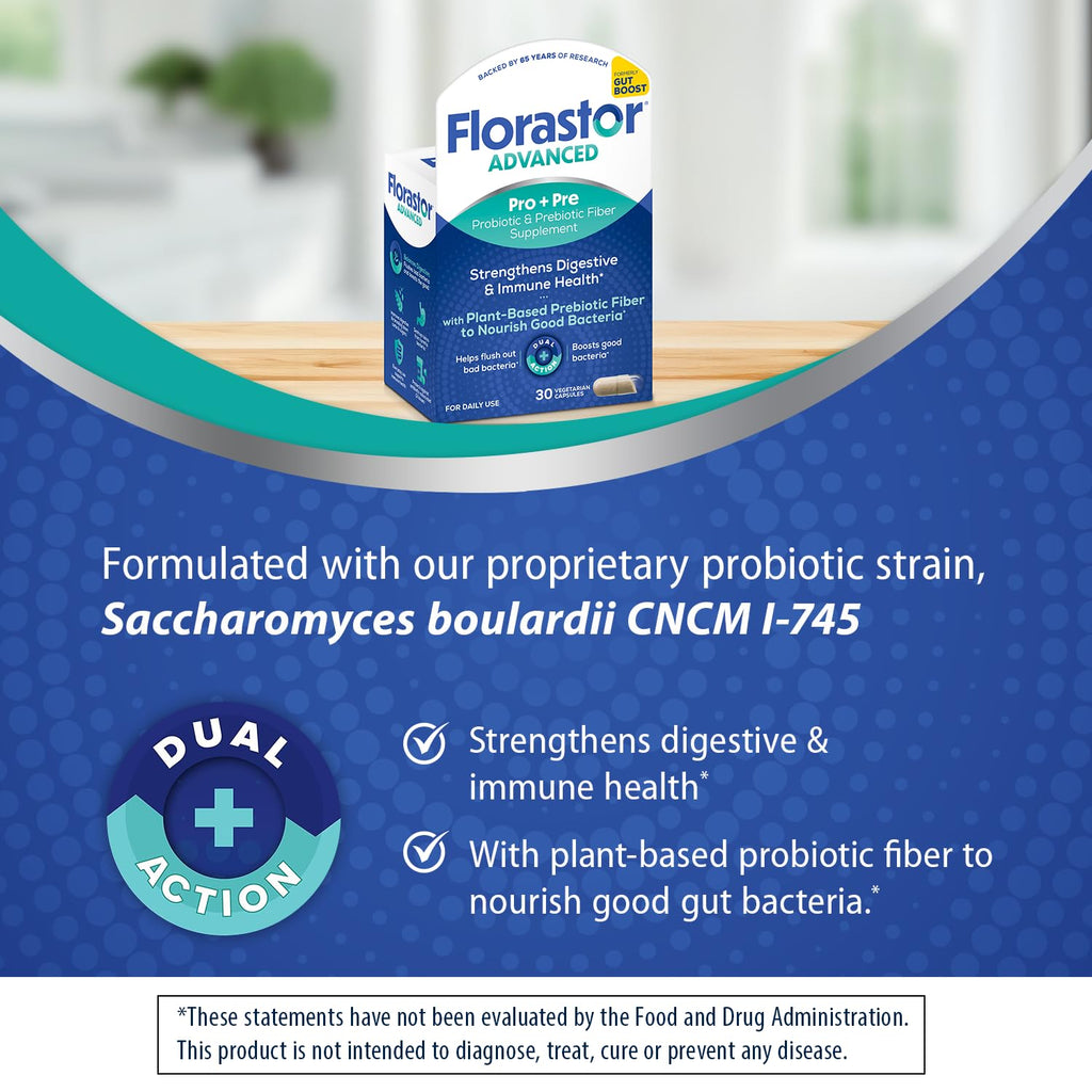 Florastor Advanced Pro+Pre Daily Probiotic and Prebiotic Supplement for Women and Men, Boosts Good Bacteria, Saccharomyces Boulardii - FENGGESTORE20