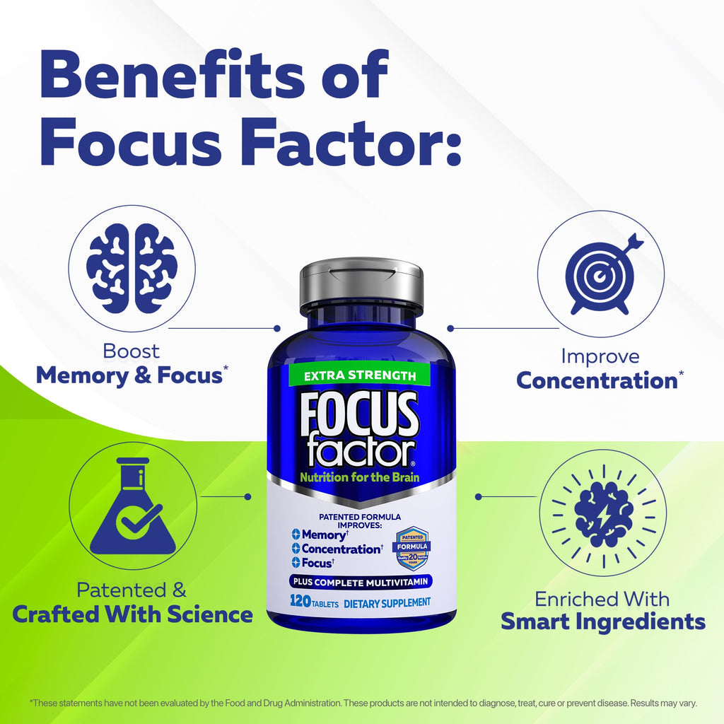 Focus Factor Adults Extra Strength, 120 Count - Brain Supplement for Memory, Concentration and Focus - Complete Multivitamin with DMAE, Vitamin D, DHA - Trusted Health Vitamins - FENGGESTORE20