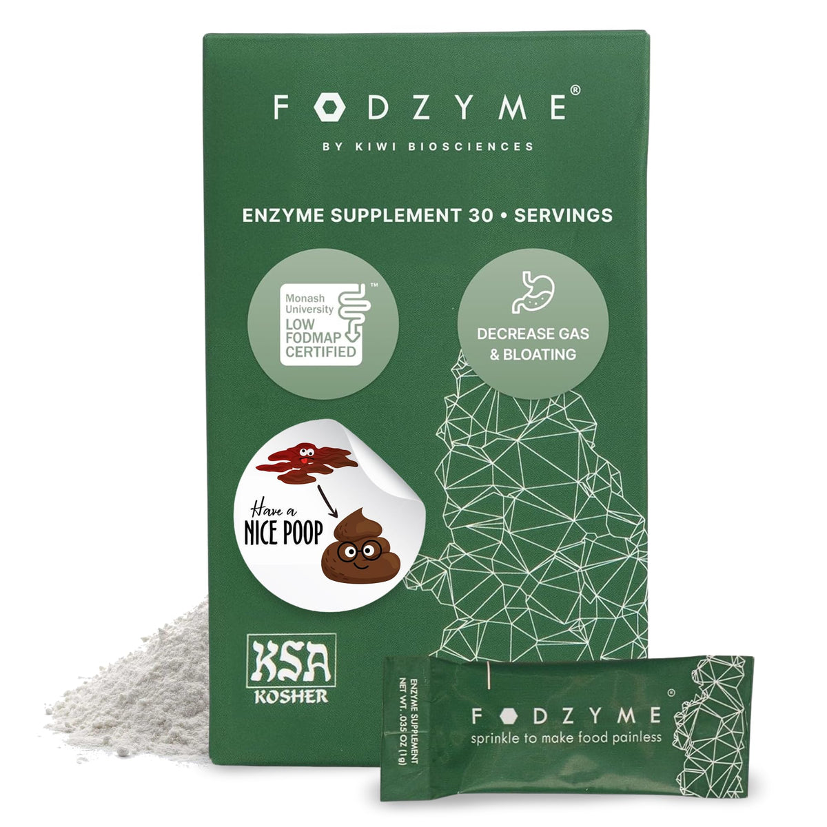 FODZYME® On-The-Go Digestive Enzymes for Gut Health, Relief for Bloating, Gas, Constipation, Diarrhea, Abdominal Pain, Low FODMAP, 30 Dose - FENGGESTORE20