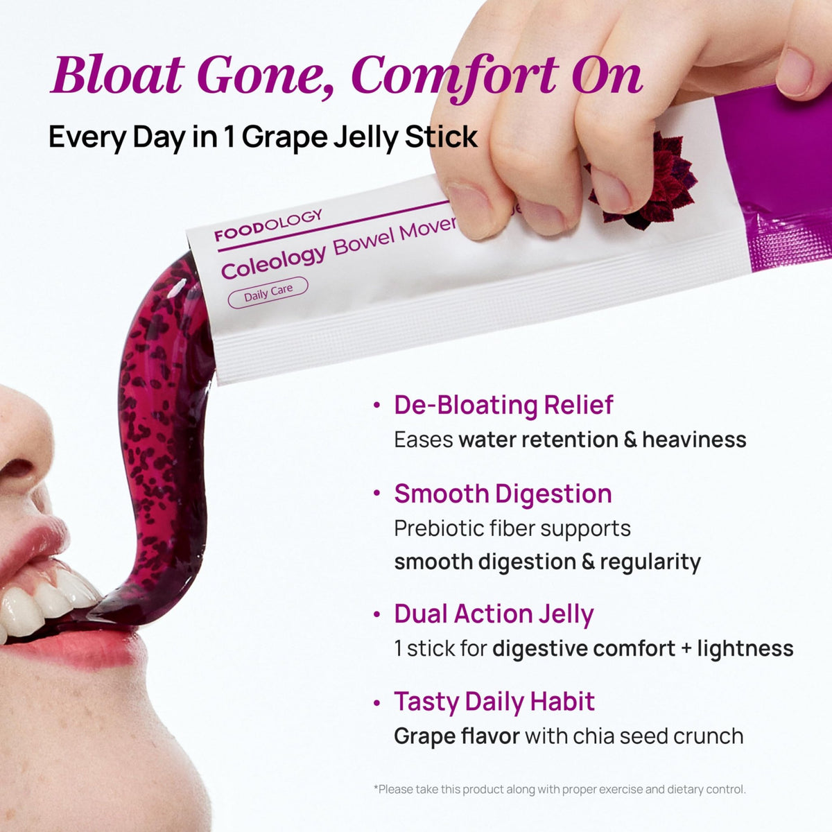FOODOLOGY Coleology Bowel Movement Jelly (Grape & Prune) – Prebiotic Fiber Supplement for Gut Health & Daily Regularity, Chia Seeds, Korean Supplement – 10 Sticks - FENGGESTORE20
