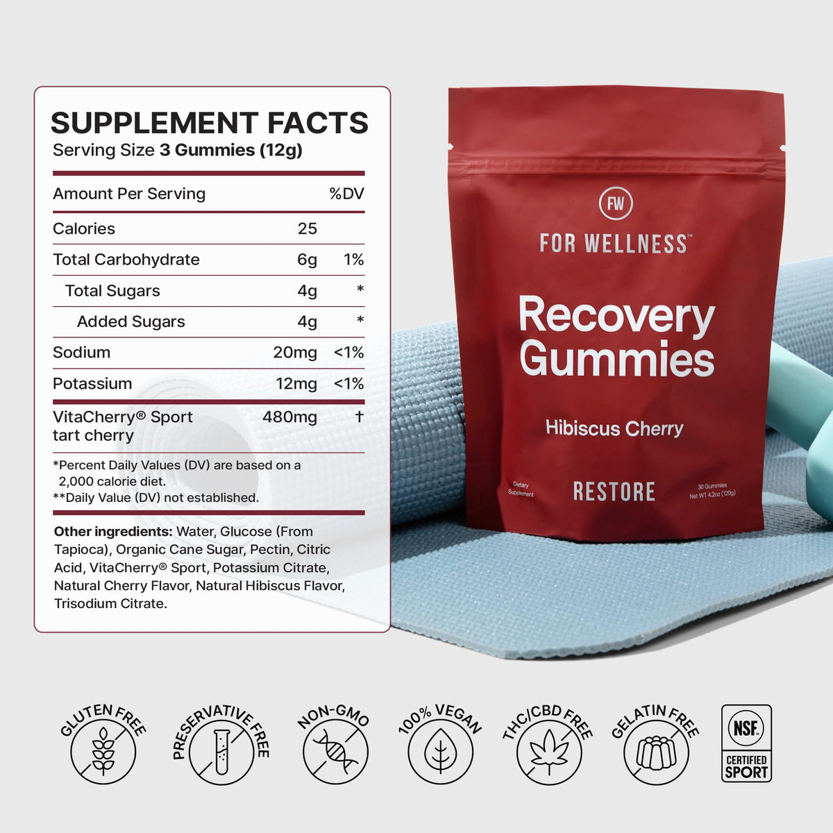 For Wellness Recovery Gummies Restore | Tart Cherry Energy Supplements with Electrolytes for Muscle Soreness, Post-Workout Performance & Recovery - FENGGESTORE20