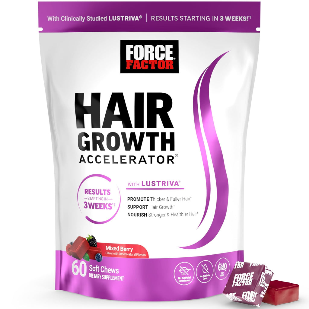 Force Factor Hair Growth Accelerator Soft Chews, Hair Growth Vitamins for Women and Men with Clinically Studied Lustriva and Biotin, Promotes Thicker - FENGGESTORE20