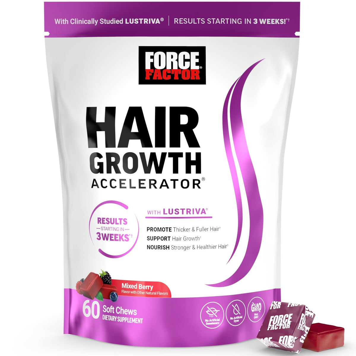 Force Factor Hair Growth Accelerator Soft Chews, Hair Growth Vitamins for Women and Men with Clinically Studied Lustriva and Biotin, Promotes Thicker - FENGGESTORE20