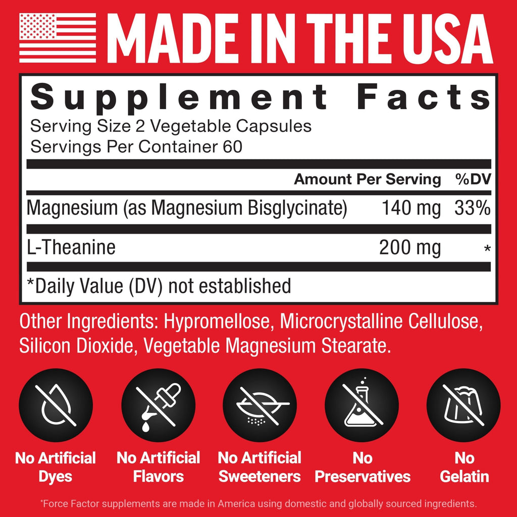 Force Factor Magnesium + L-Theanine, Magnesium Bisglycinate Supplement to Support Bones, Muscles, Nerves, Relaxation, and Mood, Vegan - FENGGESTORE20