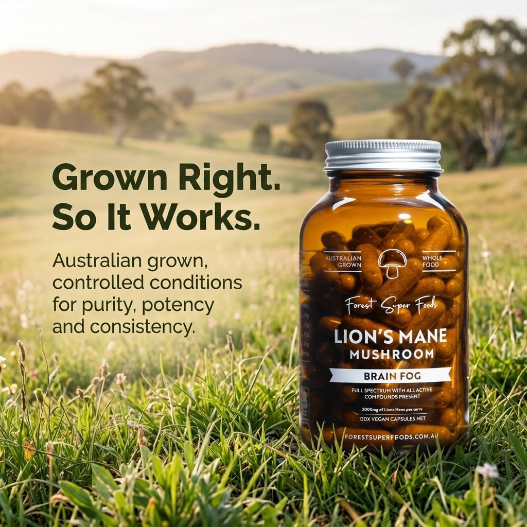 Forest Super Foods Lions Mane Supplement Capsules (120 Capsules) Organic Lions Mane Mushroom | Memory Lift Brain Supplement for Focus and Productivity. Lion Mane, Grown & Made in Australia - FENGGESTORE20