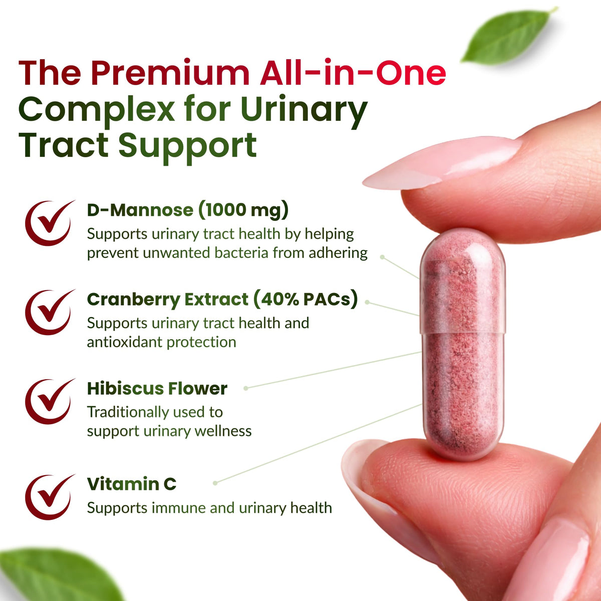 ForestLeaf D Mannose Supplements for Women & Men - D-Mannose 1000mg Capsules with Cranberry, Hibiscus & VIT C - DMannose Pills for UTI, Urinary Tract & Bladder Support - 120 Caps - FENGGESTORE20
