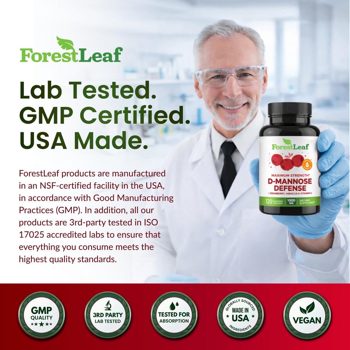 ForestLeaf D Mannose Supplements for Women & Men - D-Mannose 1000mg Capsules with Cranberry, Hibiscus & VIT C - DMannose Pills for UTI, Urinary Tract & Bladder Support - 120 Caps - FENGGESTORE20
