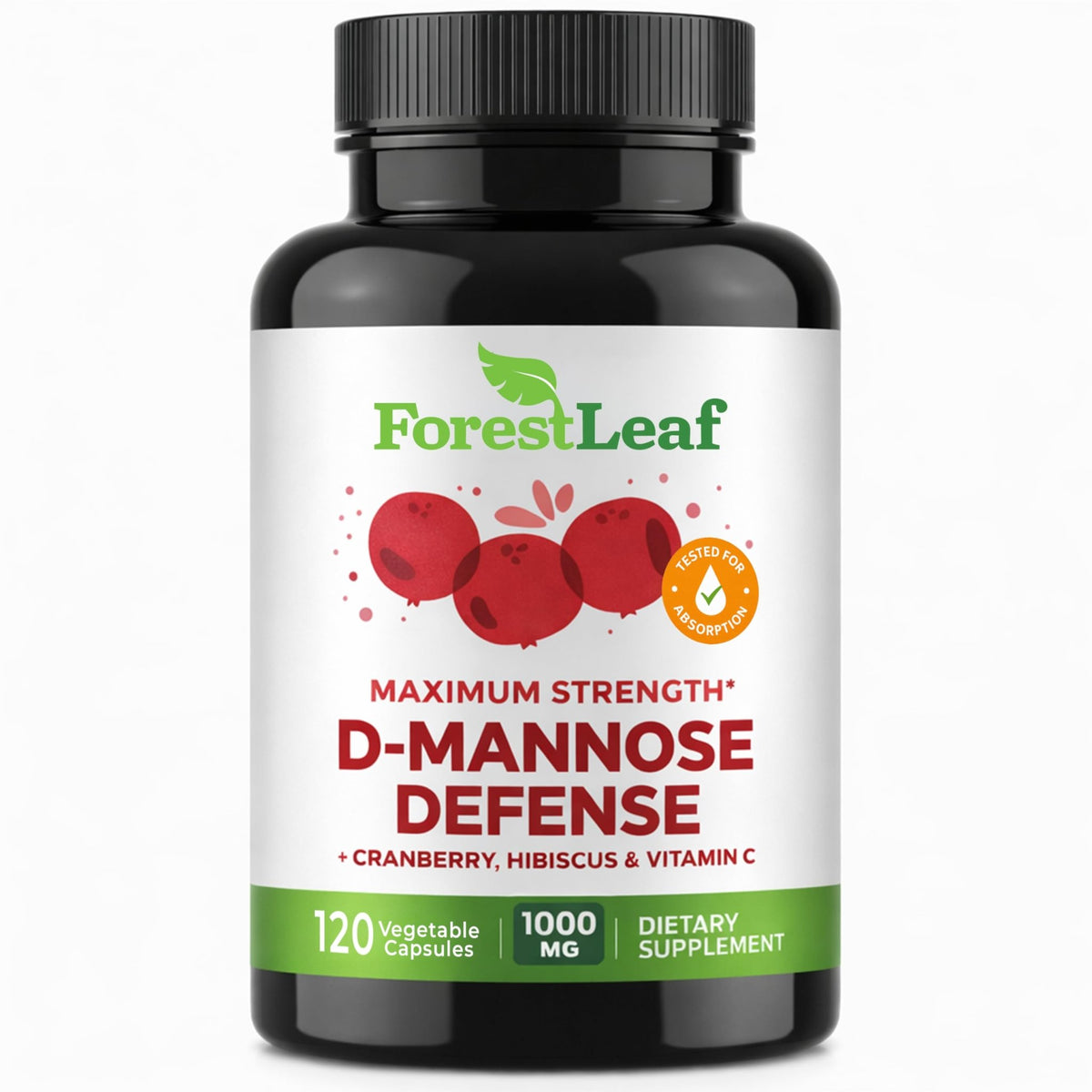 ForestLeaf D Mannose Supplements for Women & Men - D-Mannose 1000mg Capsules with Cranberry, Hibiscus & VIT C - DMannose Pills for UTI, Urinary Tract & Bladder Support - 120 Caps - FENGGESTORE20