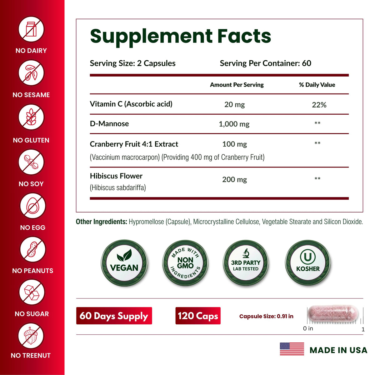 ForestLeaf D Mannose Supplements for Women & Men - D-Mannose 1000mg Capsules with Cranberry, Hibiscus & VIT C - DMannose Pills for UTI, Urinary Tract & Bladder Support - 120 Caps - FENGGESTORE20