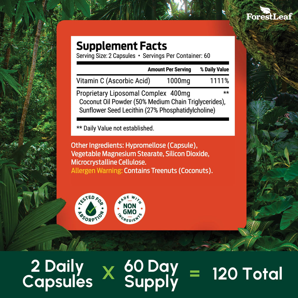 ForestLeaf Liposomal Vitamin C 1400mg Capsules | High Dose Vitamin C Liposomal Supplement w Coconut Oil Fatty Acids | Fast Absorption | Immune Support, - FENGGESTORE20