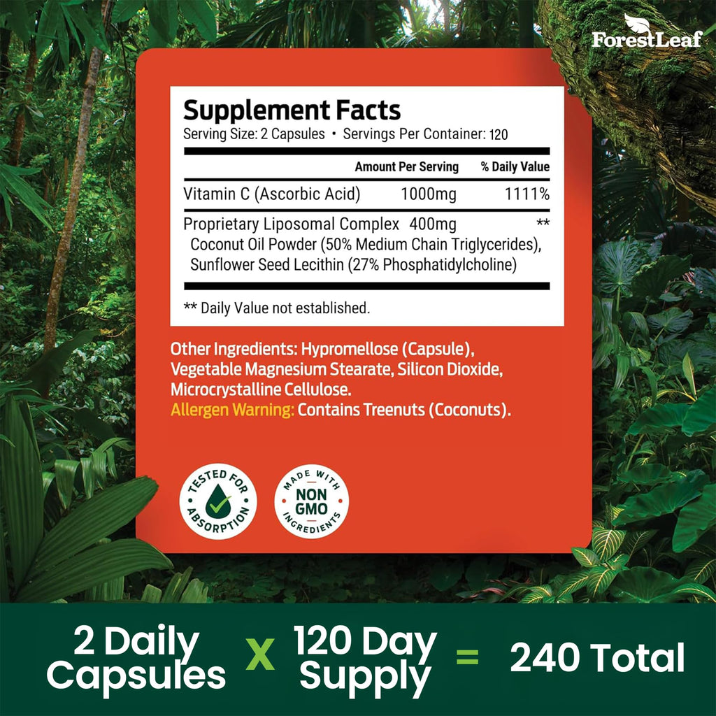 ForestLeaf Liposomal Vitamin C 1400mg Capsules | High Dose Vitamin C Liposomal Supplement w Coconut Oil Fatty Acids | Fast Absorption | Immune Support, Antioxidant, - FENGGESTORE20