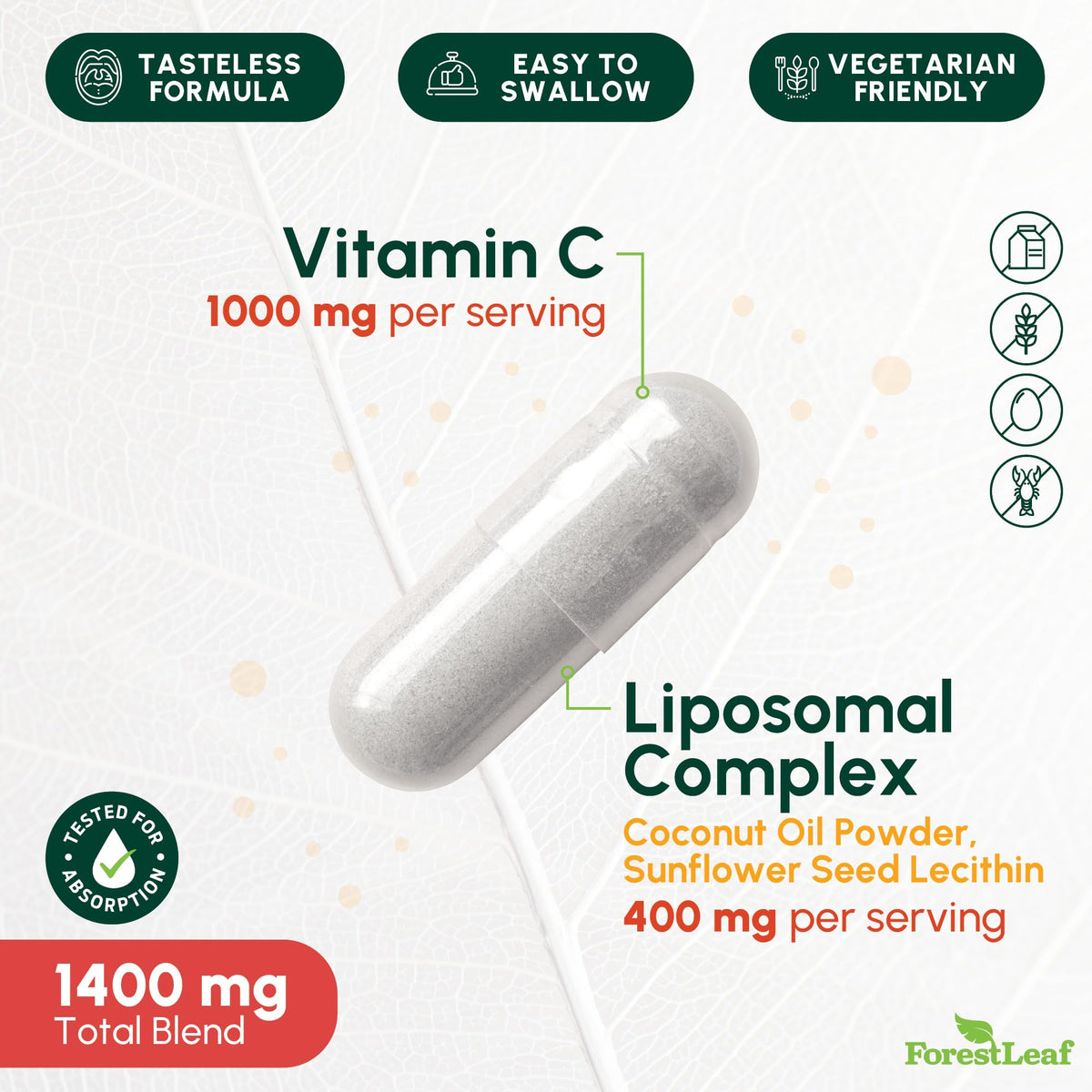 ForestLeaf Liposomal Vitamin C 1400mg Capsules | High Dose Vitamin C Liposomal Supplement w Coconut Oil Fatty Acids | Fast Absorption | Immune Support, Antioxidant, - FENGGESTORE20