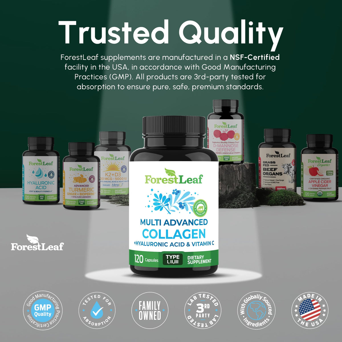 ForestLeaf Multi Collagen Pills with Hyaluronic Acid + Vitamin C | Hydrolyzed Collagen Supplements for Women or Men | Multi Collagen Capsules Peptides for Skin - FENGGESTORE20