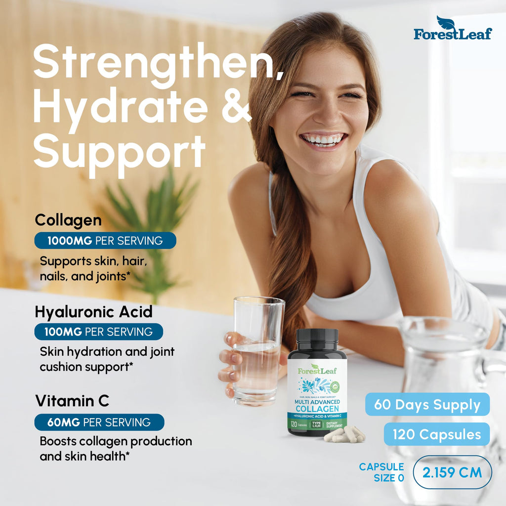 ForestLeaf Multi Collagen Pills with Hyaluronic Acid + Vitamin C | Hydrolyzed Collagen Supplements for Women or Men | Multi Collagen Capsules Peptides for Skin - FENGGESTORE20