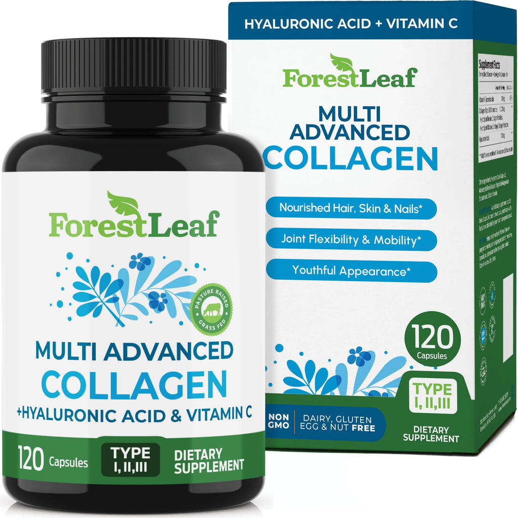 ForestLeaf Multi Collagen Pills with Hyaluronic Acid + Vitamin C | Hydrolyzed Collagen Supplements for Women or Men | Multi Collagen Capsules Peptides for Skin, Wrinkles, 120 Caps - FENGGESTORE20
