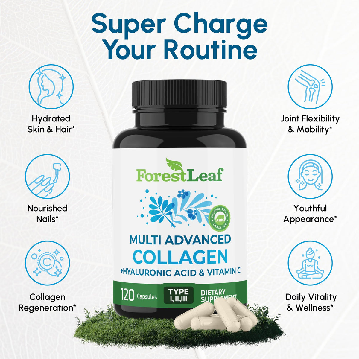 ForestLeaf Multi Collagen Pills with Hyaluronic Acid + Vitamin C | Hydrolyzed Collagen Supplements for Women or Men | Multi Collagen Capsules Peptides for Skin, Wrinkles, 120 Caps - FENGGESTORE20