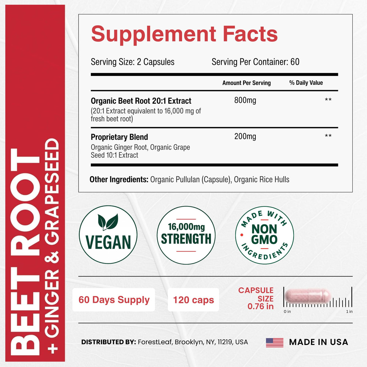 ForestLeaf USDA Organic Beet Root Capsules - Beetroot Supplement 1000mg 20:1 Extract w/Ginger Grape Seed - Support Blood Pressure, Nitric Oxide - FENGGESTORE20