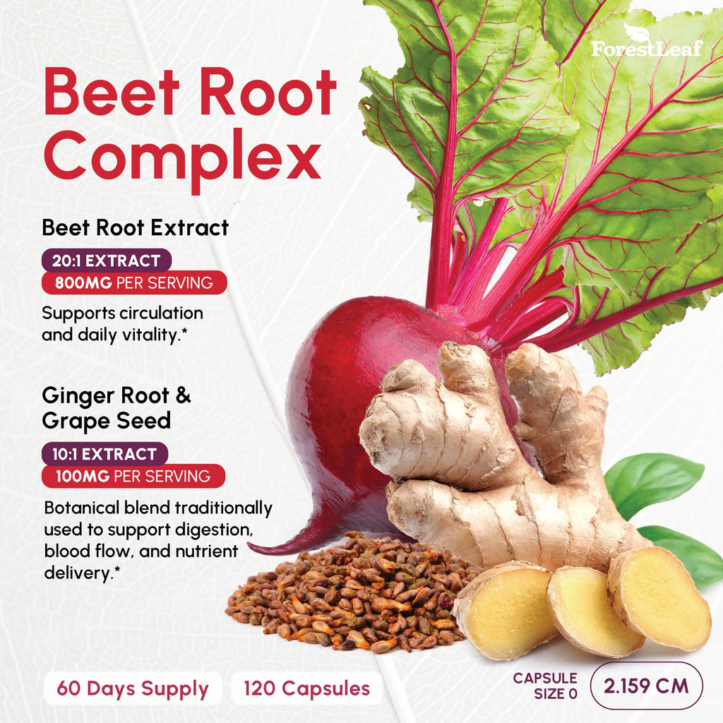 ForestLeaf USDA Organic Beet Root Capsules - Beetroot Supplement 1000mg 20:1 Extract w/Ginger Grape Seed - Support Blood Pressure, Nitric Oxide - FENGGESTORE20