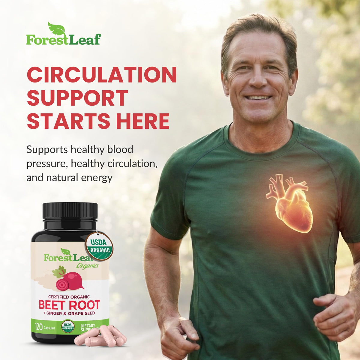 ForestLeaf USDA Organic Beet Root Capsules - Beetroot Supplement 1000mg 20:1 Extract w/Ginger Grape Seed - Support Blood Pressure, Nitric Oxide - FENGGESTORE20