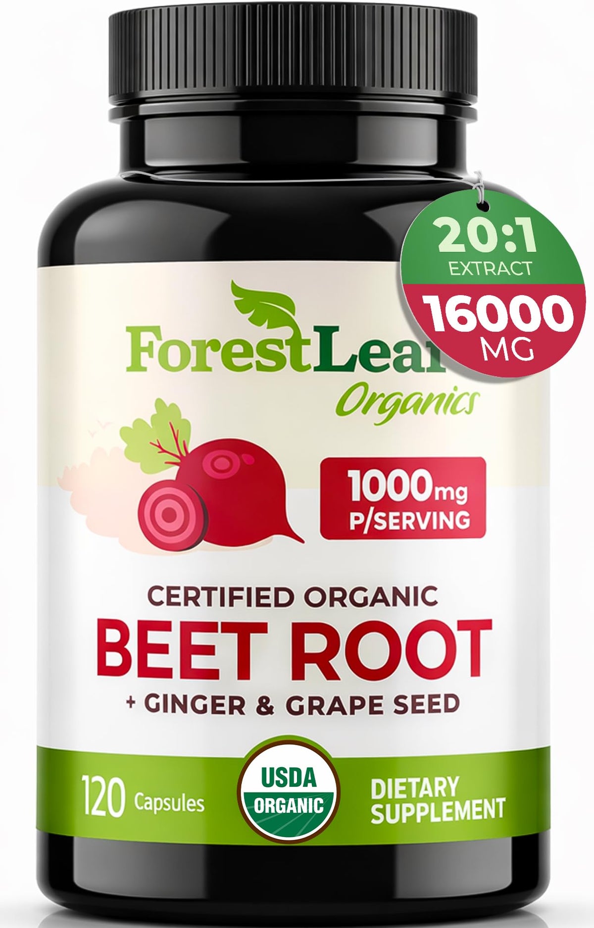 ForestLeaf USDA Organic Beet Root Capsules - Beetroot Supplement 1000mg 20:1 Extract w/Ginger Grape Seed - Support Blood Pressure, Nitric Oxide - FENGGESTORE20