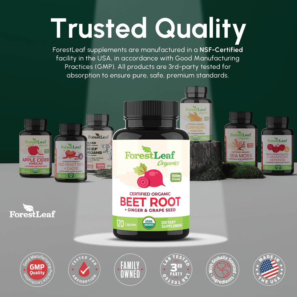 ForestLeaf USDA Organic Beet Root Capsules - Beetroot Supplement 1000mg 20:1 Extract w/Ginger Grape Seed - Support Blood Pressure, Nitric Oxide - FENGGESTORE20