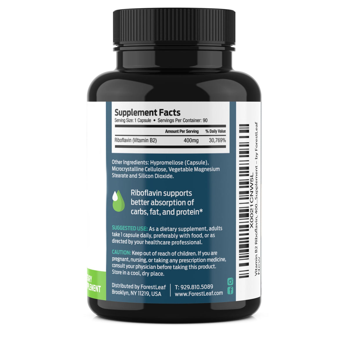 ForestLeaf Vitamin B2 Riboflavin 400mg - Energy, Skin & Cellular Health Supplement - Nervous System Support - Vitamin B 2 VIT B - Non-GMO & Gluten Free - FENGGESTORE20