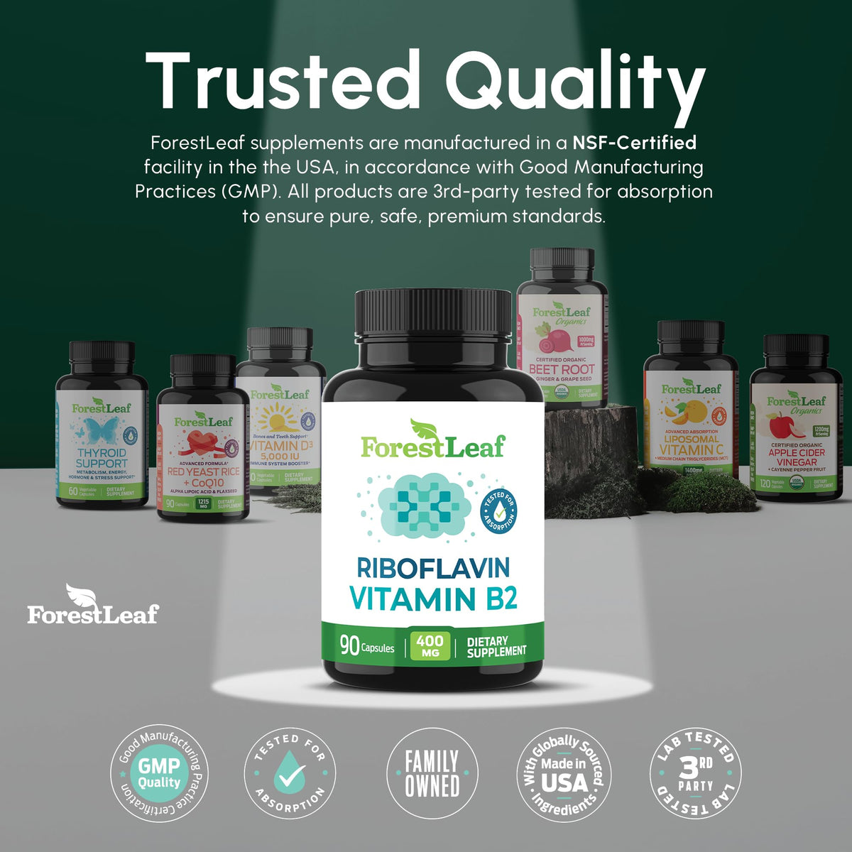 ForestLeaf Vitamin B2 Riboflavin 400mg - Energy, Skin & Cellular Health Supplement - Nervous System Support - Vitamin B 2 VIT B - Non-GMO & Gluten Free - FENGGESTORE20
