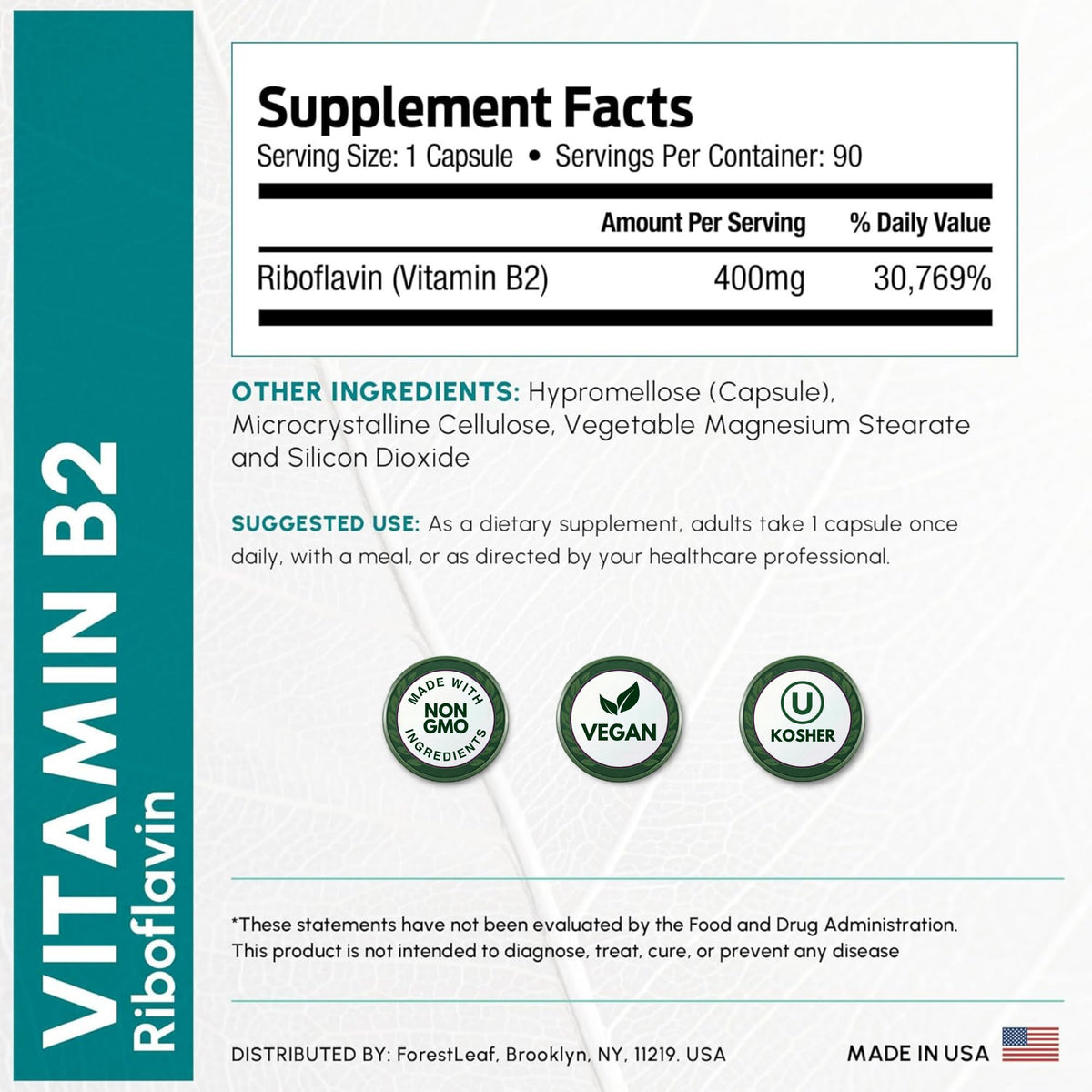 ForestLeaf Vitamin B2 Riboflavin 400mg - Energy, Skin & Cellular Health Supplement - Nervous System Support - Vitamin B 2 VIT B - Non-GMO & Gluten Free - FENGGESTORE20
